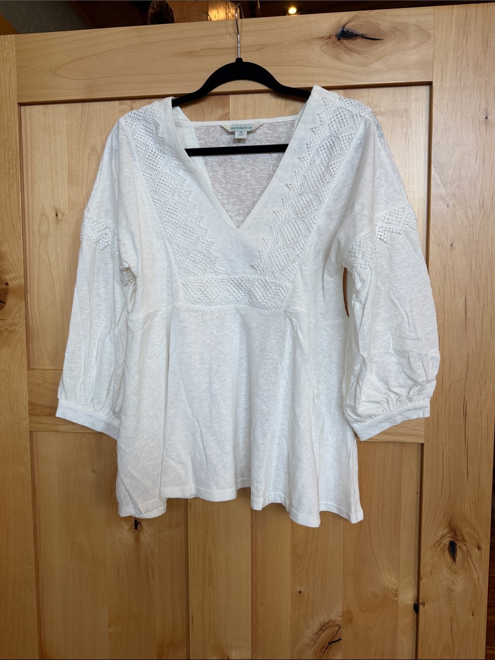 Sundance Lace Trim V-Neck Boho Peasant Top Size M, White